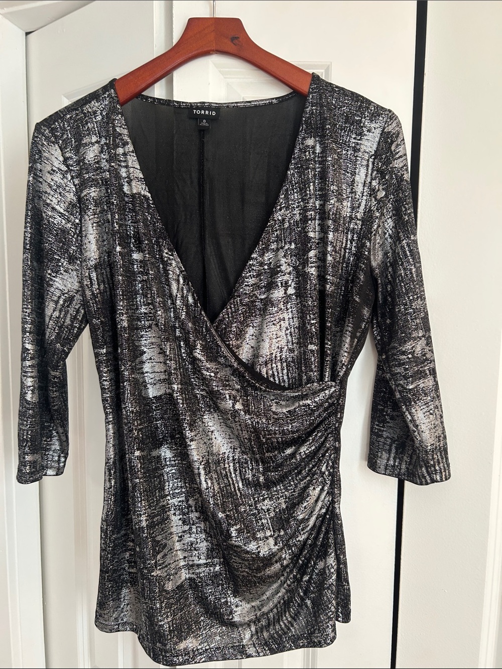 torrid Black and Silver Faux-Wrap Ruched Long Sleeve top